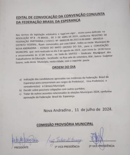 Federação Brasil Esperança marca convenção municipal em Nova Andradina
