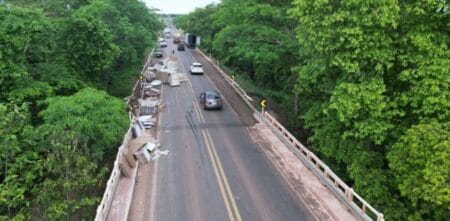 Caminhoneiro tomba carreta e espalha carga de paletes na BR-262 ao desviar de animal na pista