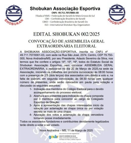 EDITAL SHOBUKAN 002/2025 – CONVOCAÇÃO DE ASSEMBLEIA GERAL EXTRAORDINÁRIA ELEITORAL