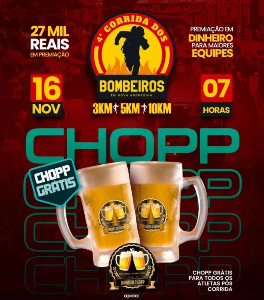 4ª Corrida dos Bombeiros terá chopp grátis para os atletas em Nova Andradina.